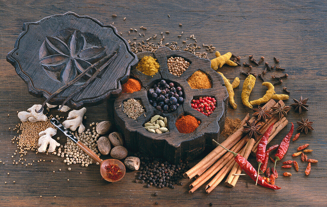 Wooden plate with various spices