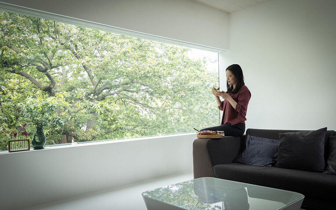 Young woman eating lunch in modern living room