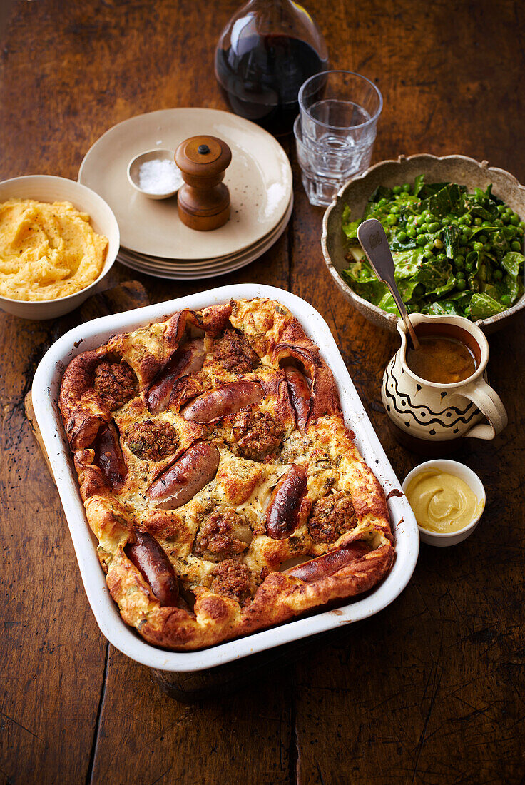 Sausage and stuffing toad-in-the-hole with onion gravy