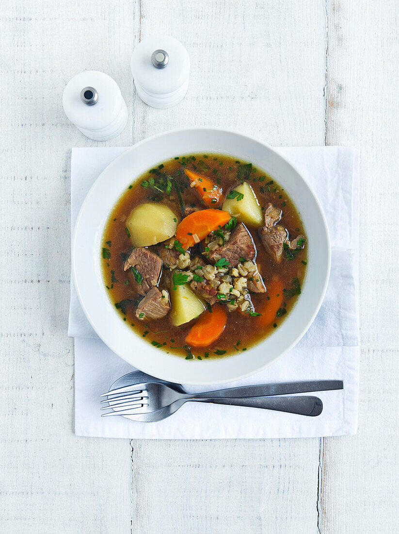 Soup with lamb, potatoes, and carrots
