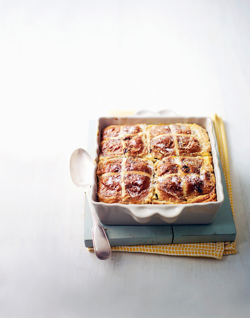 Hot cross bread and lemon pudding