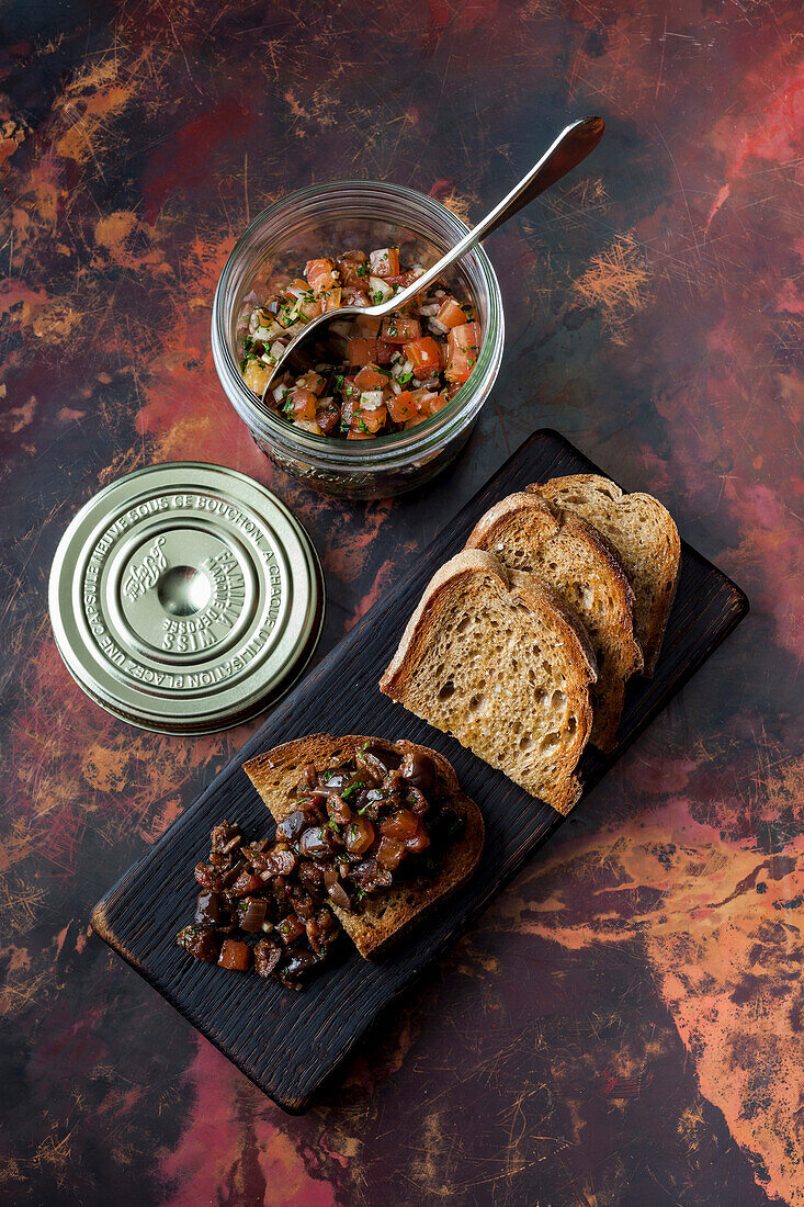 Spiced eggplant with bread and tomato salsa