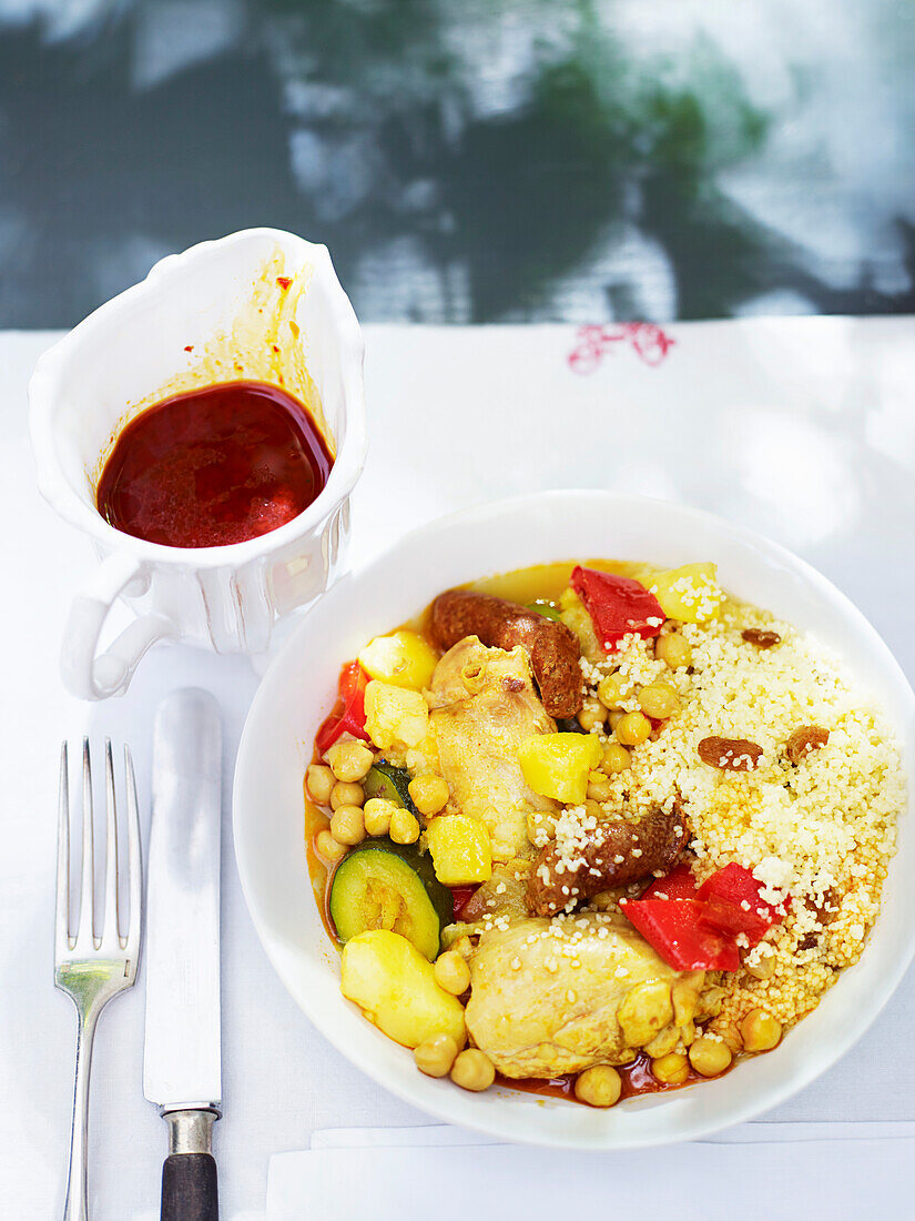 Couscous with merguez sausage, chicken, and vegetables