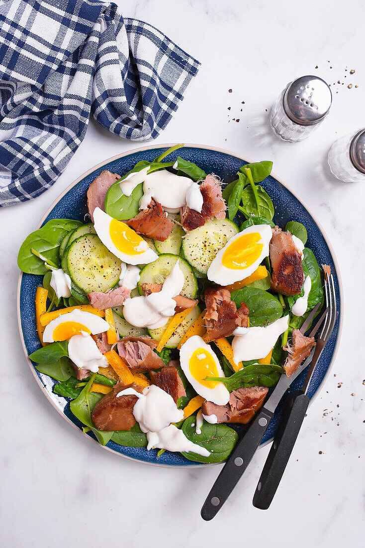 Salad with spinach, cucumber, roasted tuna, egg, peppers, and yogurt sauce