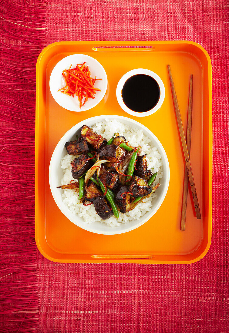 hot and sour aubergine with sticky rice