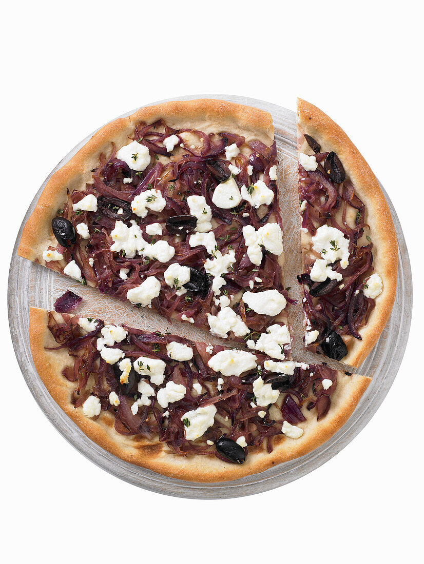Caramelised onion and black olive pizza