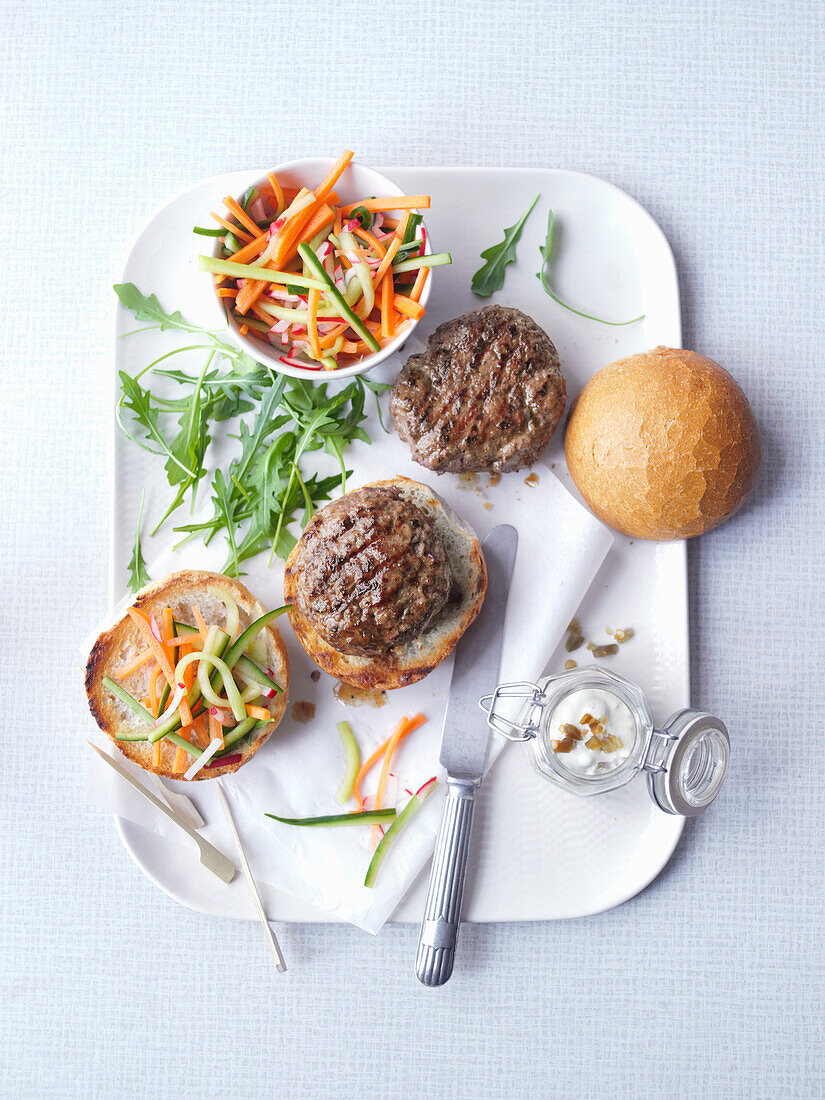 Wasabi spiked burgers with pickle relish
