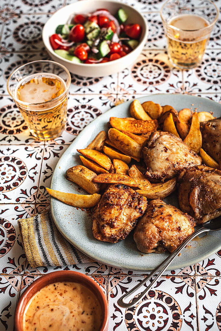 Peri Peri chicken with spicy potato wedges on a tile background