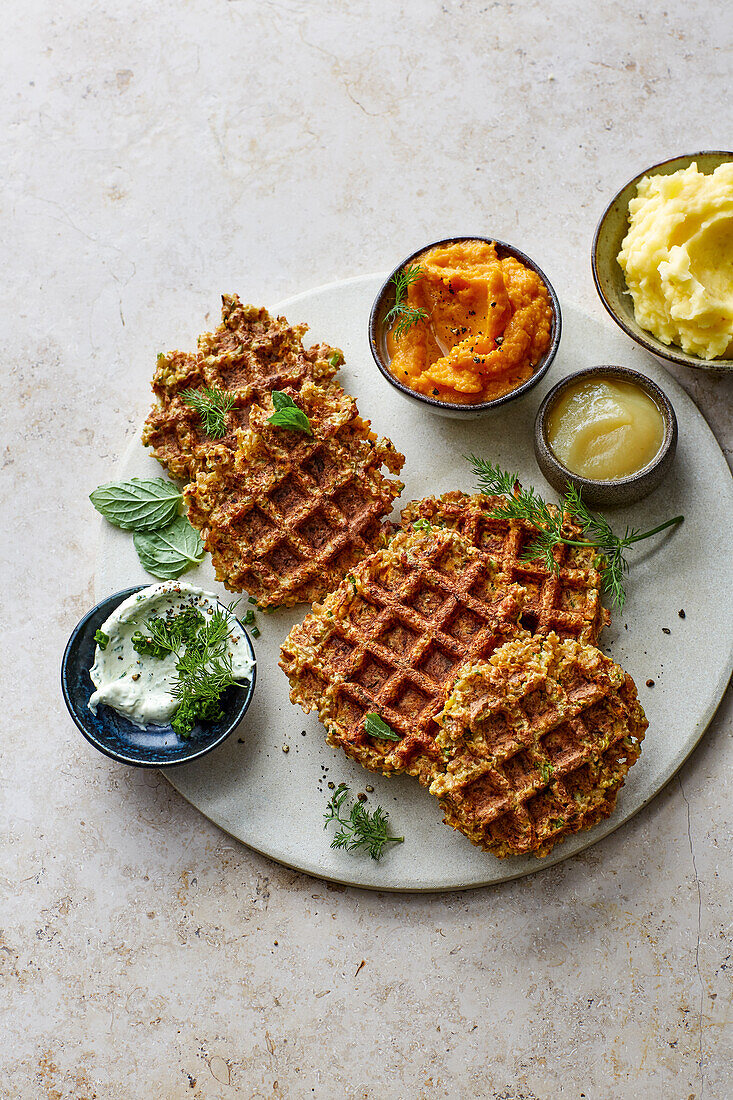 Green spelt waffles with two kinds of mashed potatoes and apple sauce