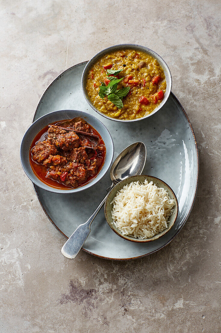 Lamb curry with dal and basmati rice (India)