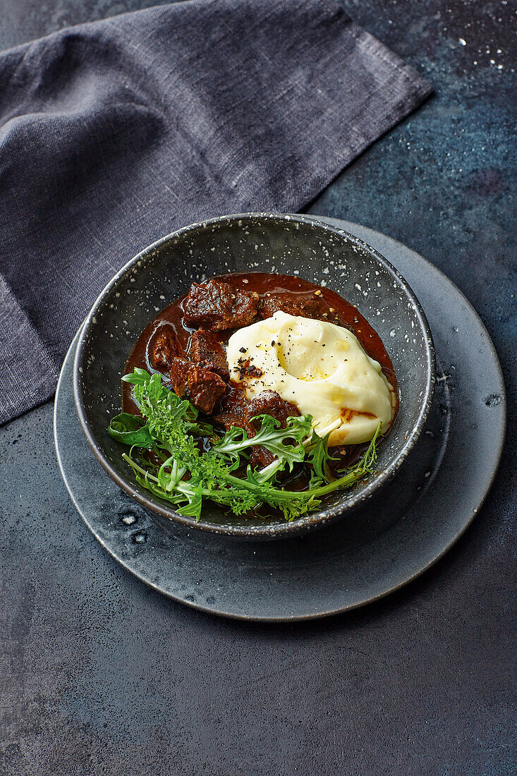 Beef goulash with potato mousse