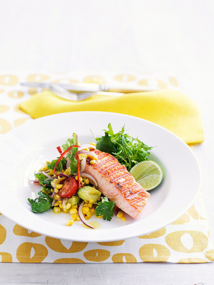 Salmon with grilled corn salad