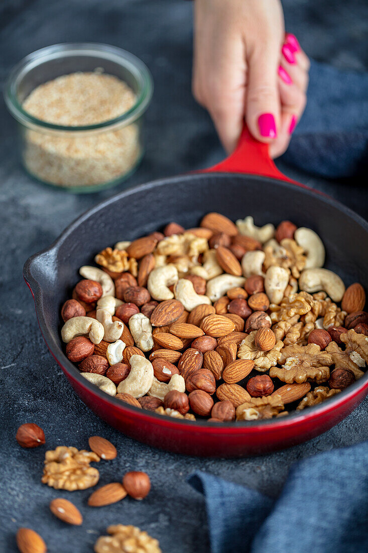 Assorted nuts in pan