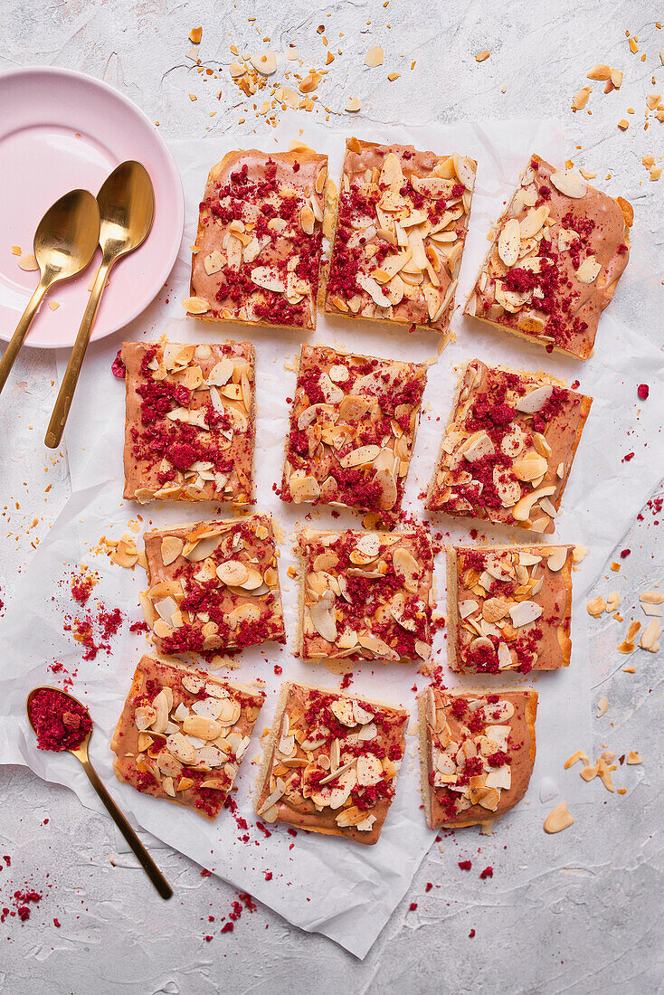 Easter cake mazurek with chocolate cream almond flakes freeze dried raspberries