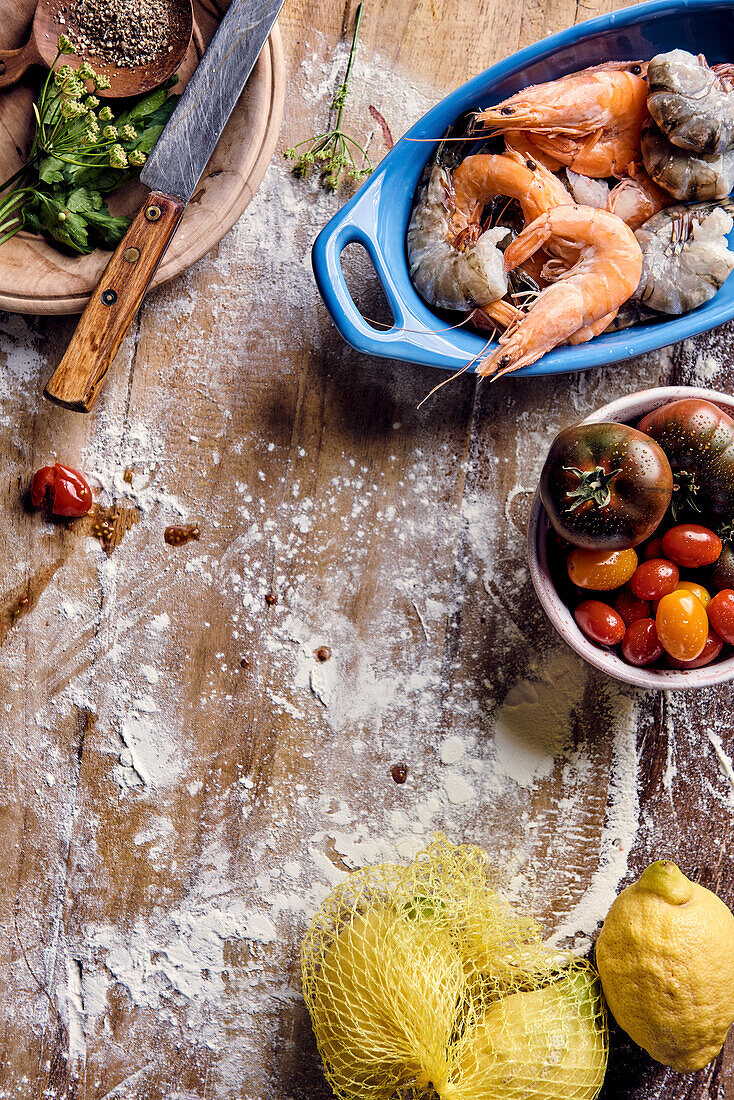Ingredients for pizza with tomatoes and prawns
