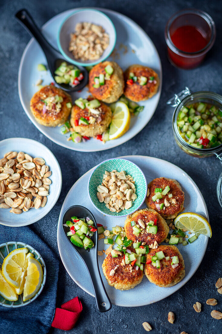 Fish couscous cakes with cucumber relish and peanuts