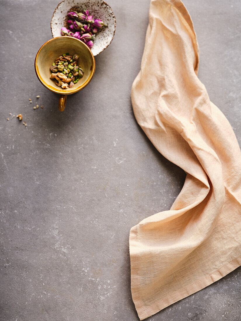 Pistachios, walnut kernels and dried rose petals