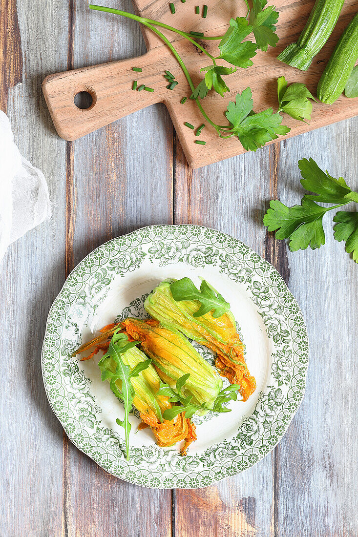 Courgette flowers with potato and caciocavallo filling
