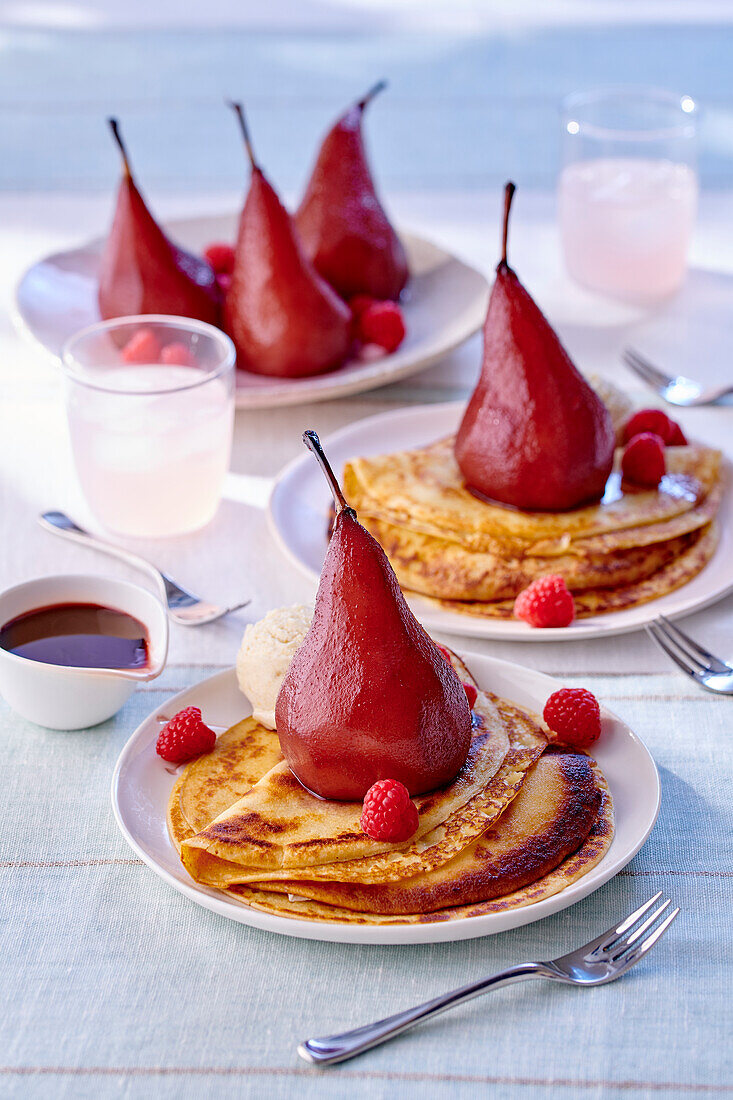 Crepes with red wine pears