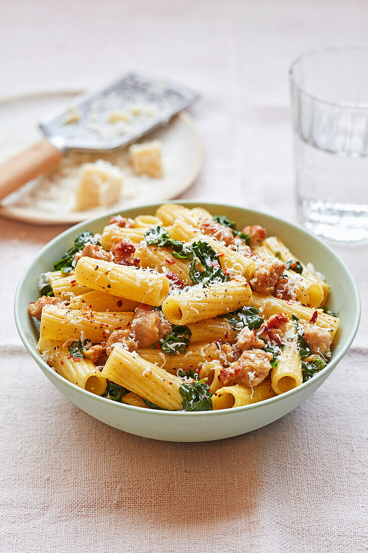 Pasta mit Wurst, Spinat und Chili