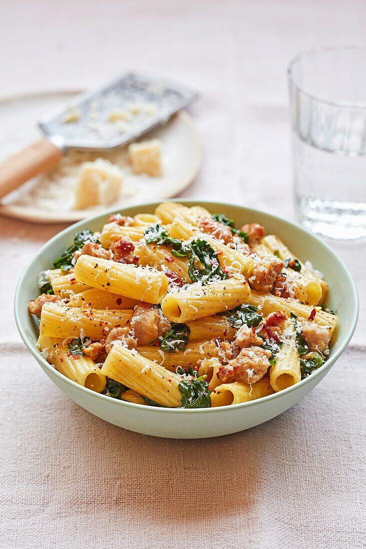 Sausage, spinach and chilli pasta