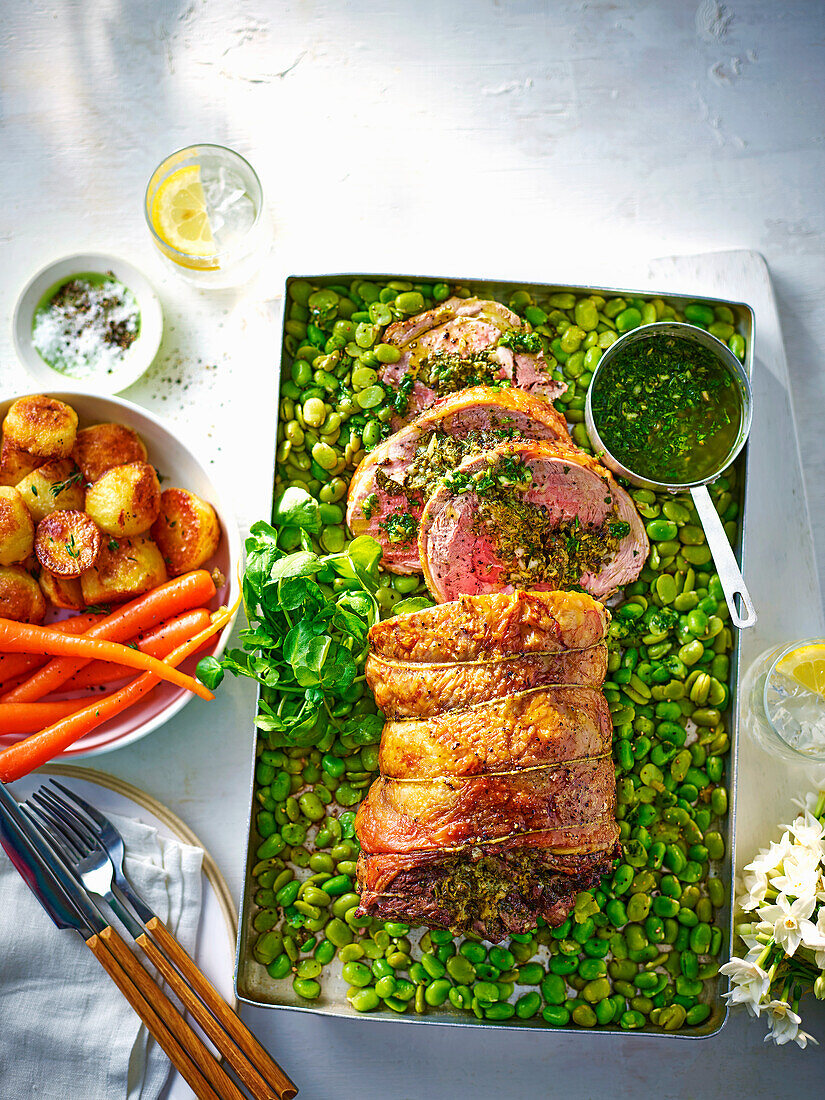 Rolled lamb leg with salsa verde stuffing