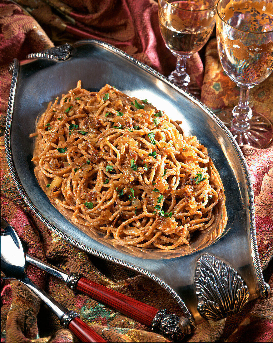 Bigoli in Salsa (Venetian pasta dish with fish, Italy)