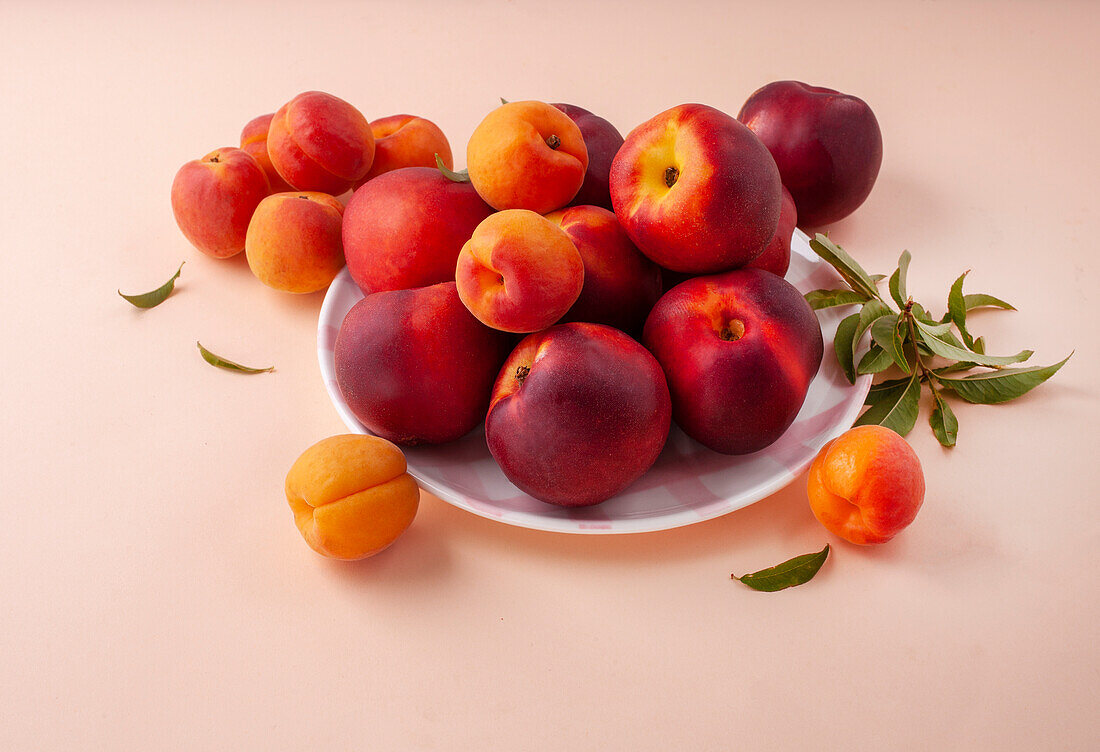 Nektarinen und Aprikosen vor farbigem Hintergrund