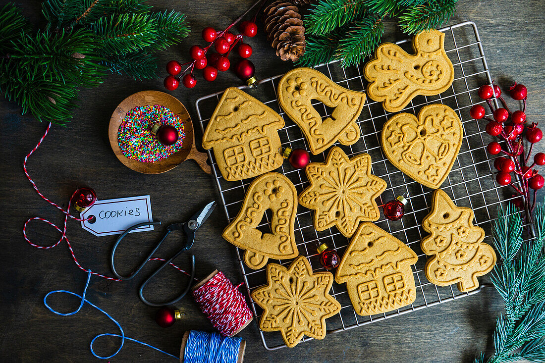 Christmas baking concept with gingerbread cookies and spices