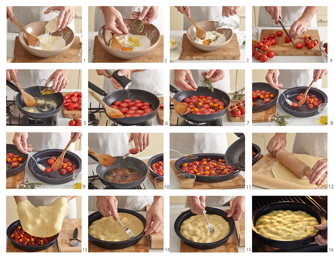 Preparing tomato cake Tarte Tatin style