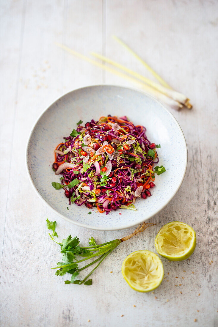 Raw vegetable salad with pointed red cabbage, Chinese cabbage, lemongrass and lime