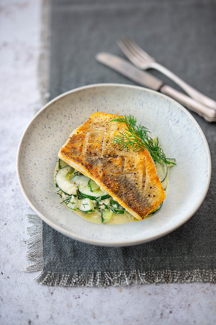 Gebratenes Zanderfilet auf Schmorgurken mit Dill und Crème fraîche