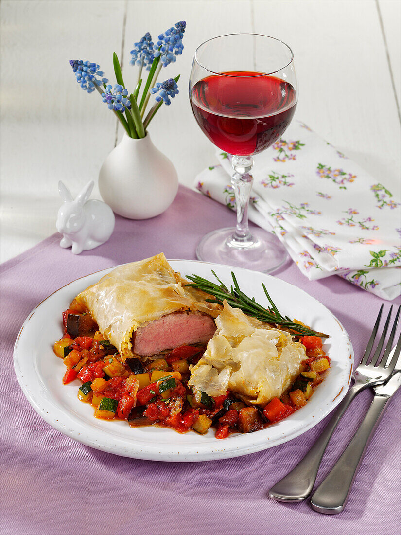 Lamb in filo pastry with ratatouille