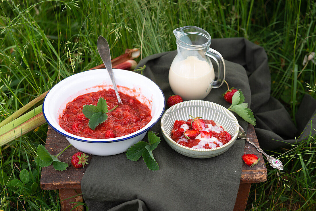 Rhubarb and strawberry jelly with soy vanilla cream