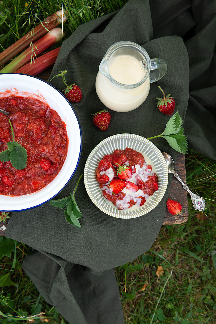 Rhabarber-Erdbeer-Grütze mit Vanillesoße, vegan