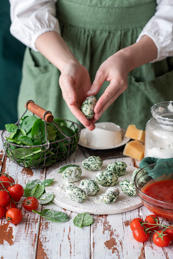 Malfatti (Italian spinach dumplings) being made