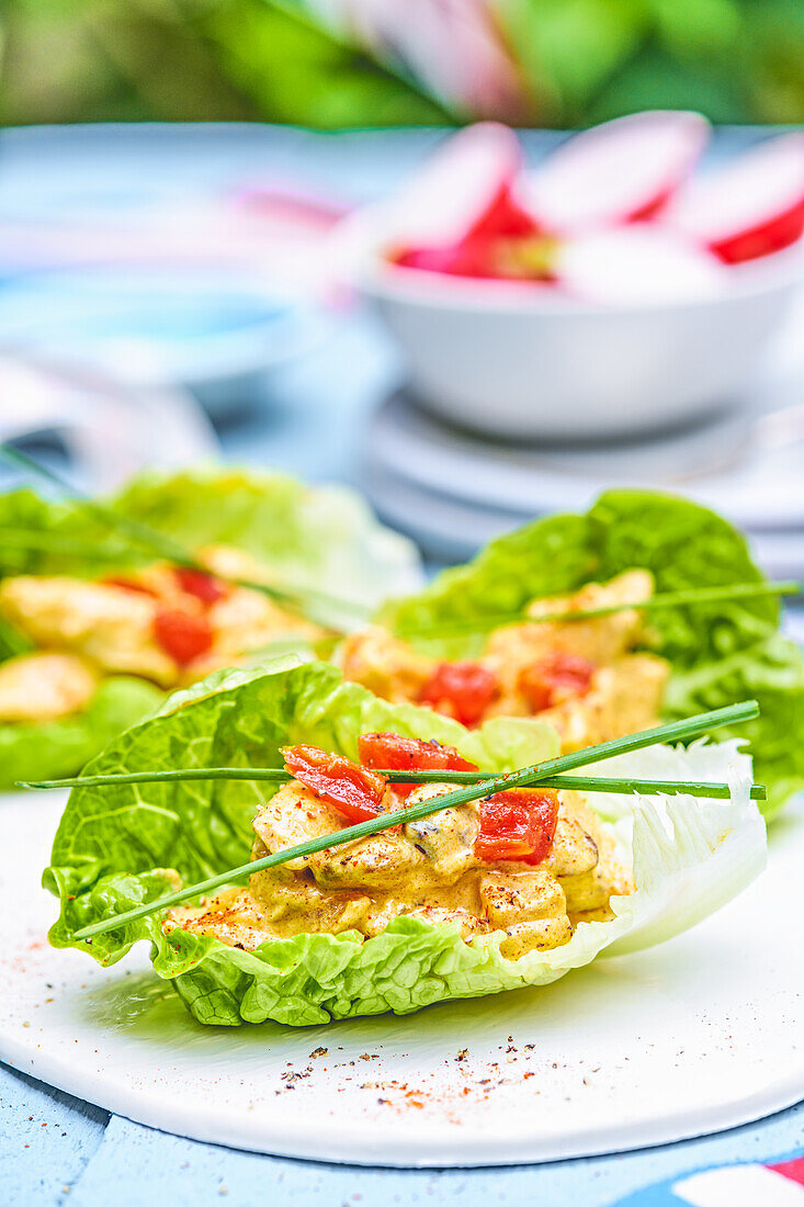 Coronation Chicken served in a lettuce wrap