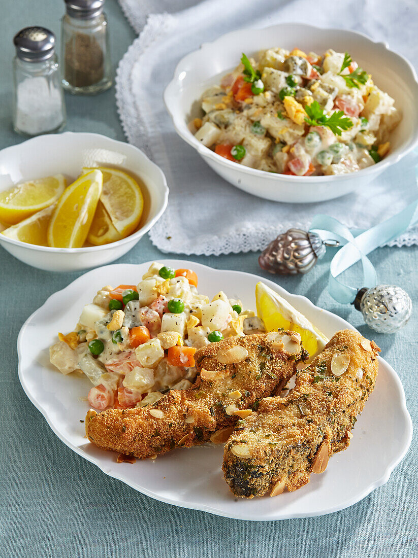 Fried carp with potato salad for Christmas