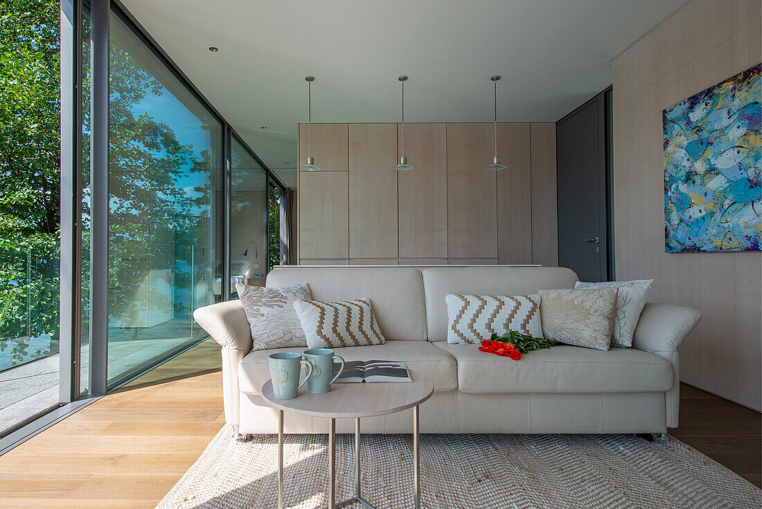 Lounge with floor-to-ceiling sliding glass doors