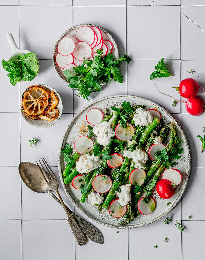 Grilled asparagus with burrata, herbs and radish