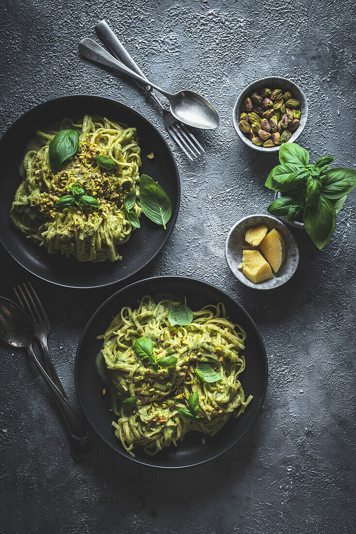 Pasta with broccoli sauce, pistachios and basil