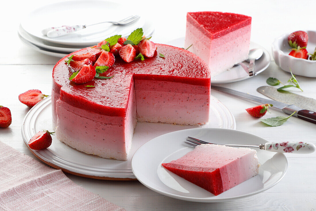 Layered strawberry cheesecake, sliced