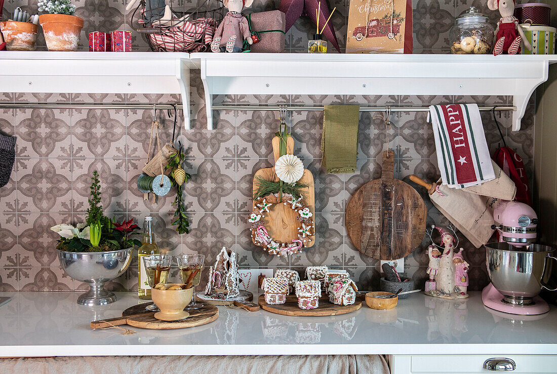 Kitchen unit with gingerbread house and Christmas decorations