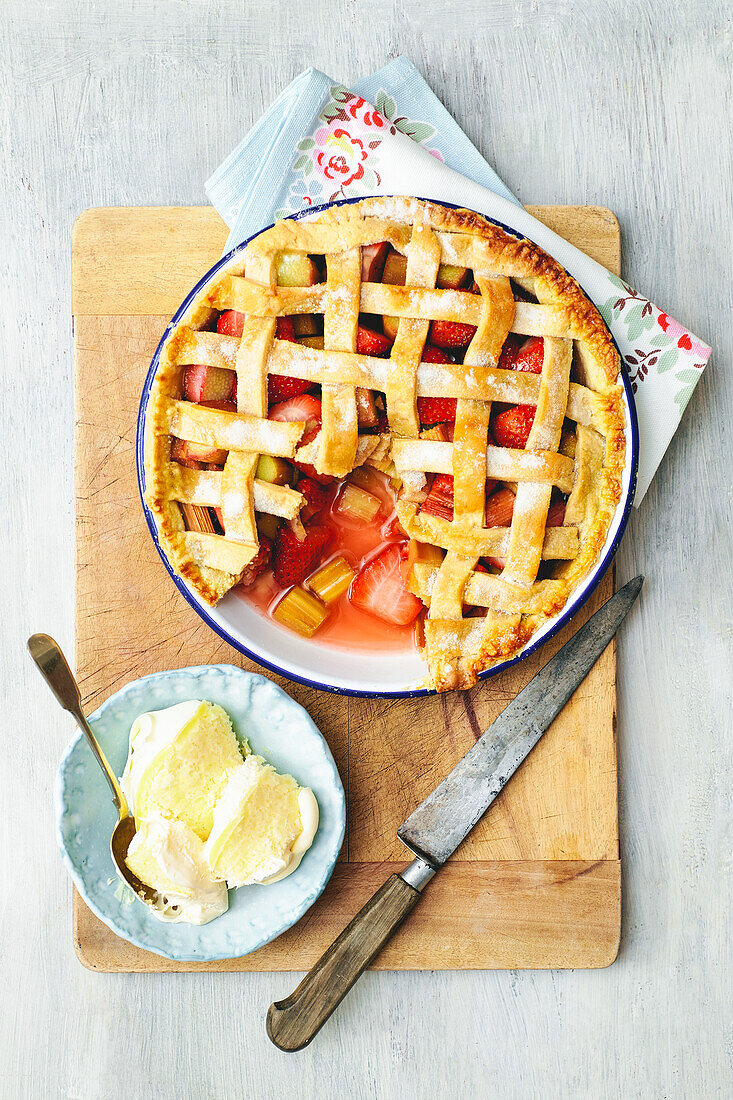 Strawberry rhubarb pie with a lattice top pie crust