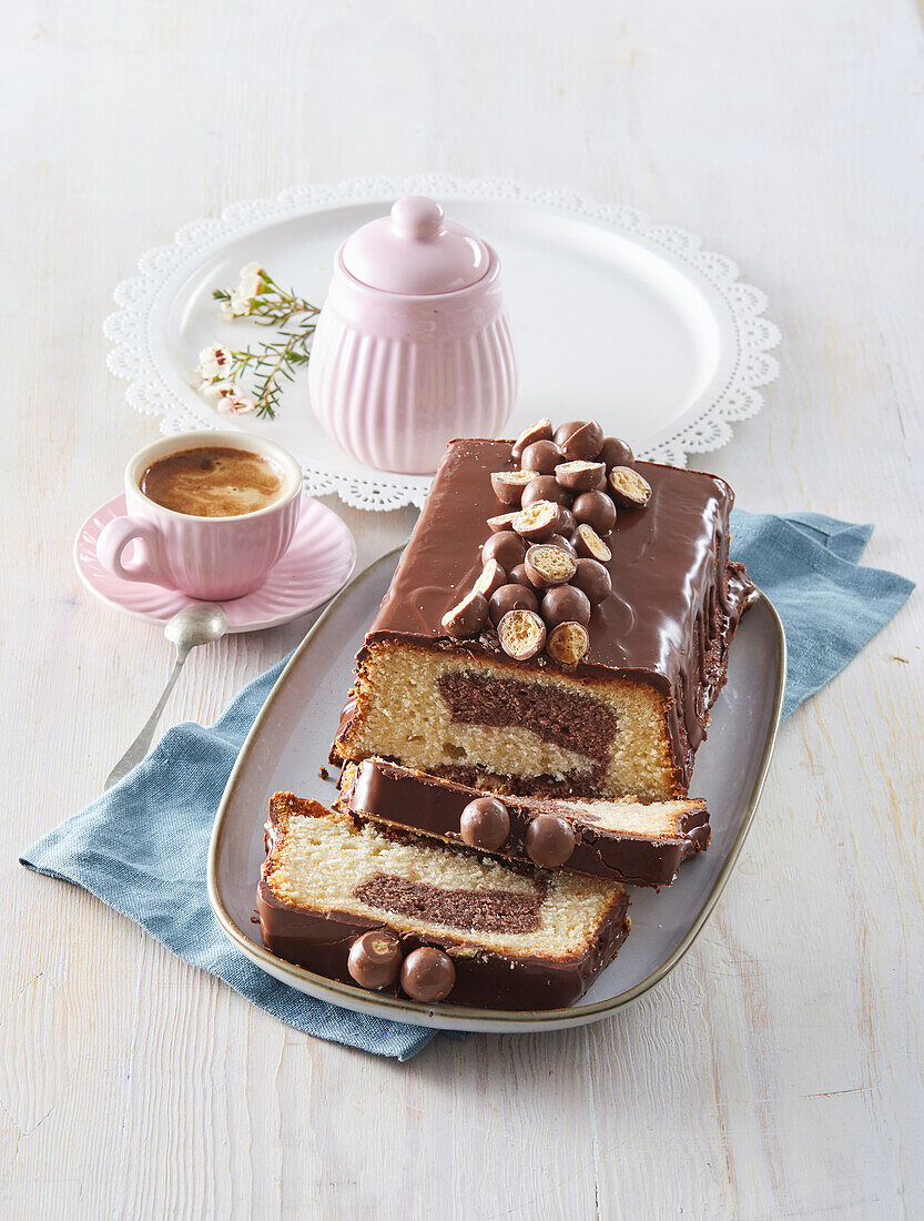 Marble cake loaf with chocolate icing