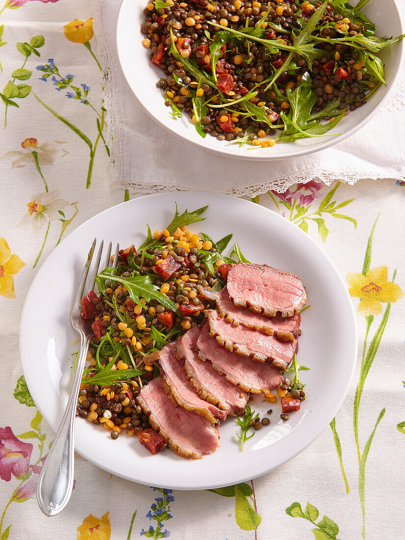 Roasted duck breasts and lentil salad