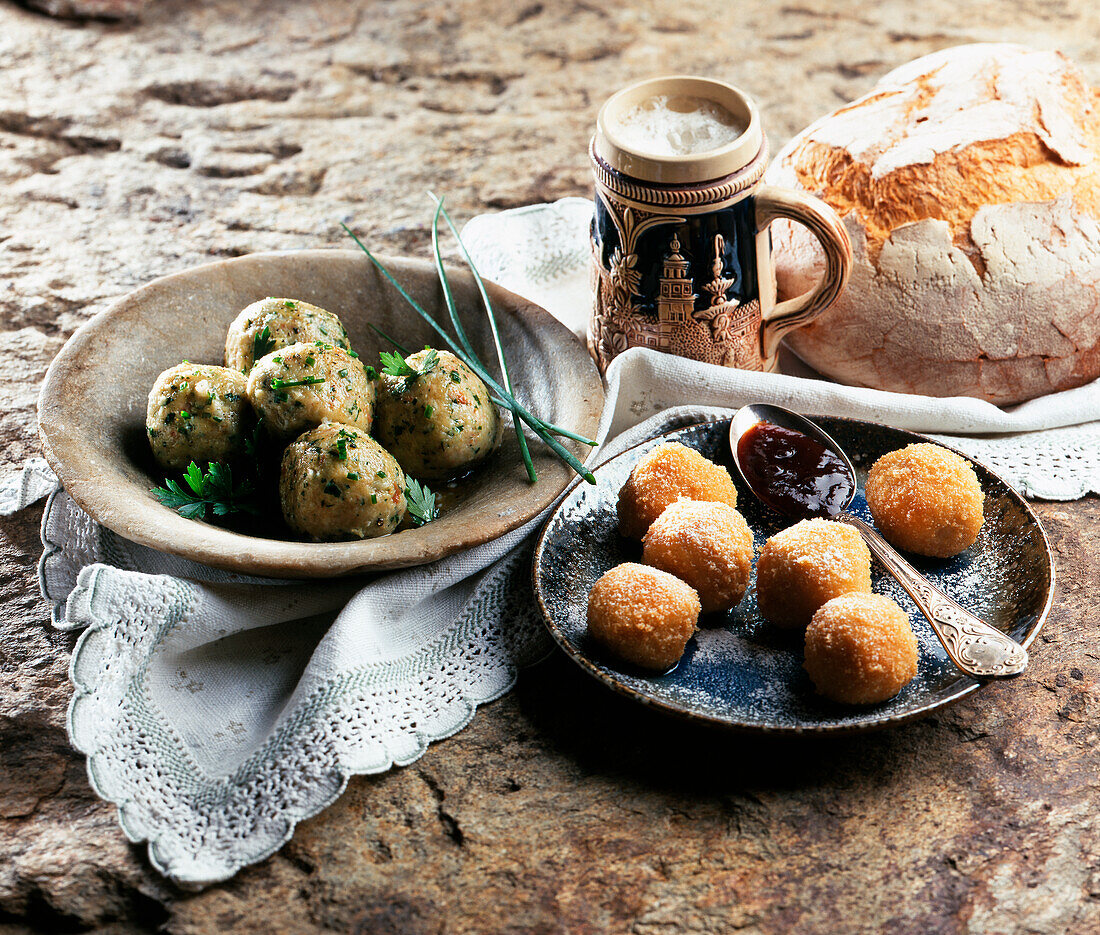 Bread dumplings with herb and ricotta dumplings with jam
