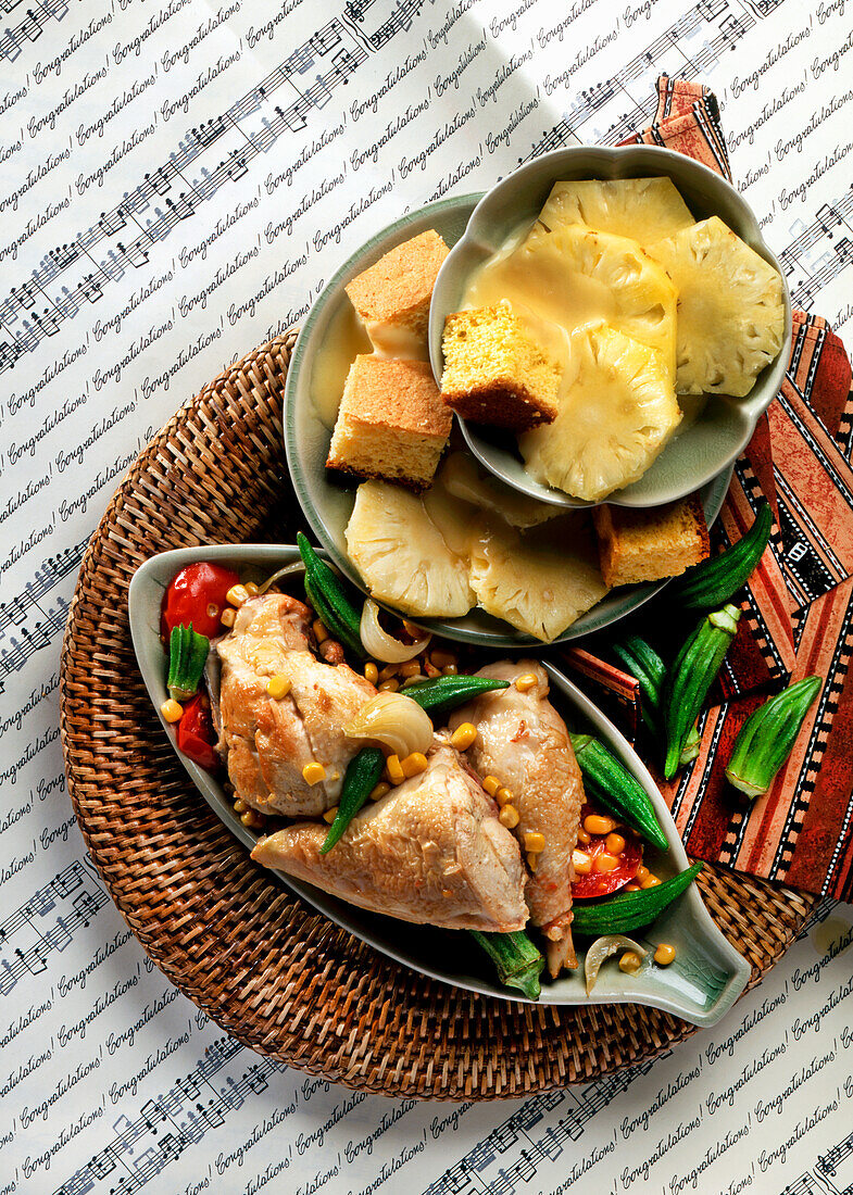 Chicken with cornbread, okra, and pineapple (Creole cuisine)