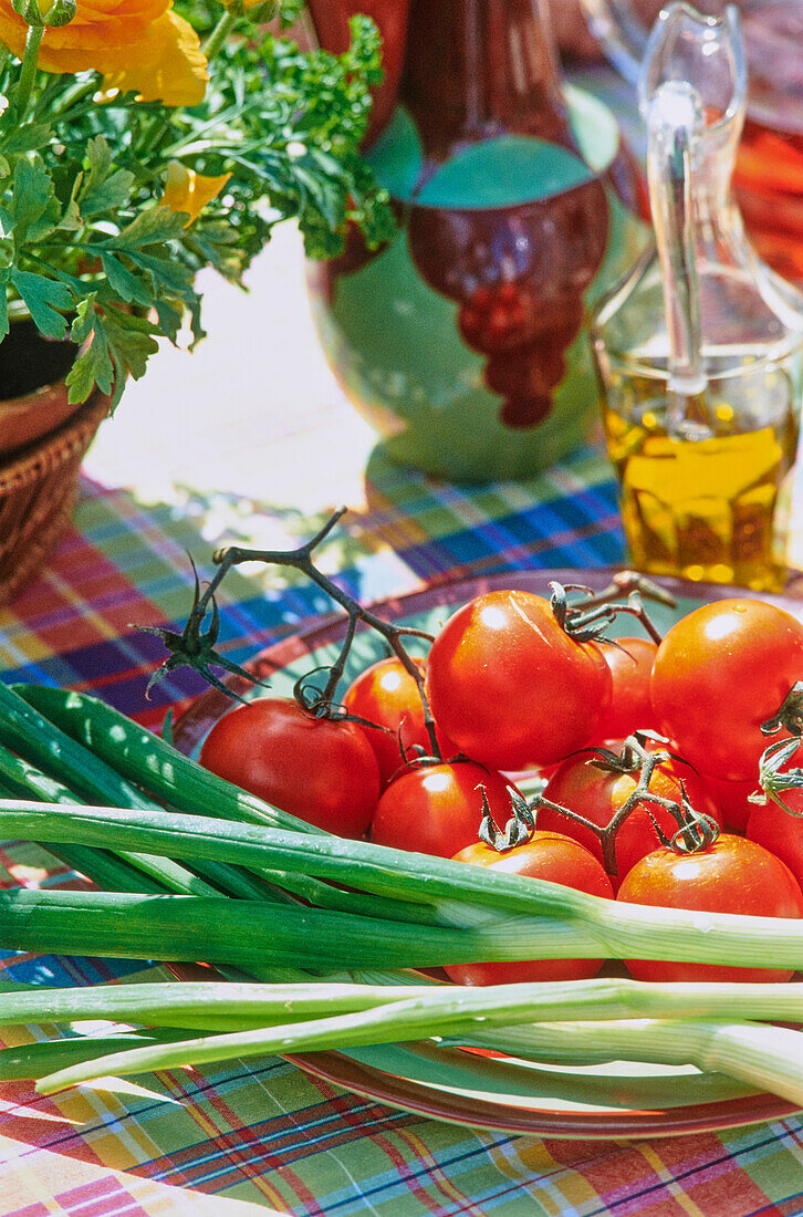 Frühlingszwiebeln, Tomaten und Olivenöl auf Tisch in der Sonne