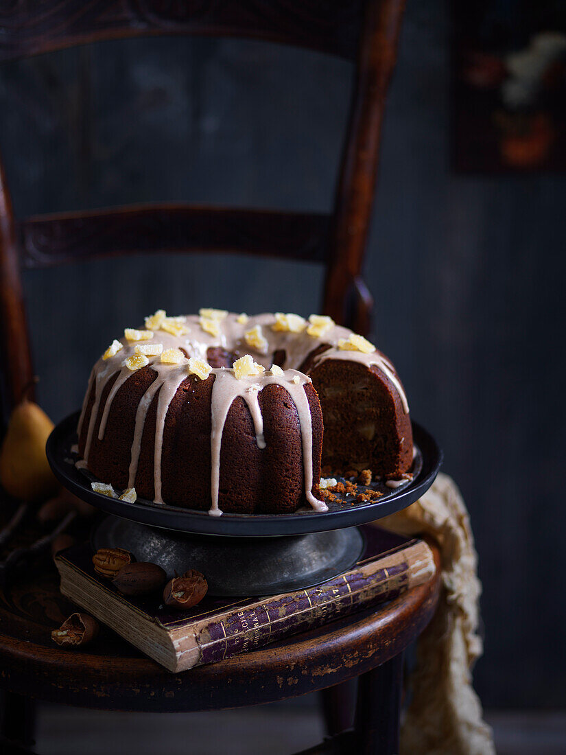 Pear pecan gingerbread cake with spiced icing